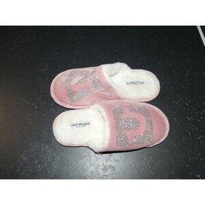 True Religion Jeans Pink Rhinestone Faux Fur Slippers Slides Women's Small 5 / 6